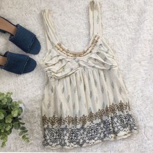 Boho Sleeveless Cream & Blue Tank Top